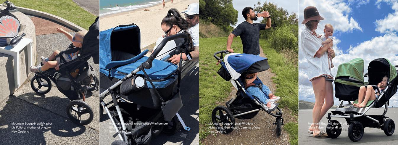 Mountain Buggy Heritage Collection – swift, urban jungle, terrain and duet prams in use by families around New Zealand