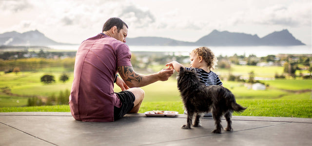 Child sits with dad and little dog sitting outside eating a snack with a beautiful view of islands in the distance  - Mountain Buggy in association with Cadenshae Dad Blog
