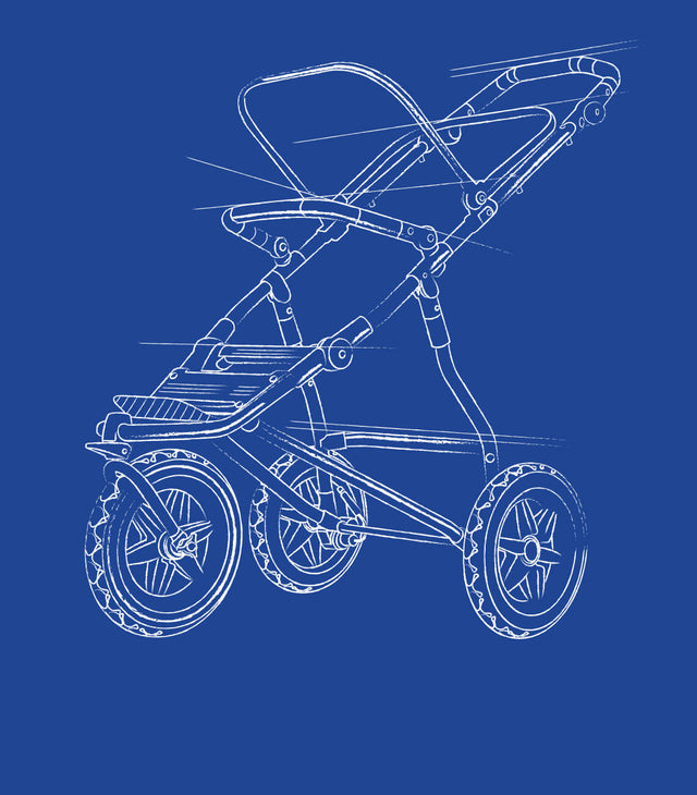 Technical drawing of our 3 wheeled baby buggy showing the full frame without fabric. Design explains wheels, tyres, bumper bar, hood frame and footplate - look for swift™, urban jungle™, and terrain™ three wheel prams - Mountain Buggy
