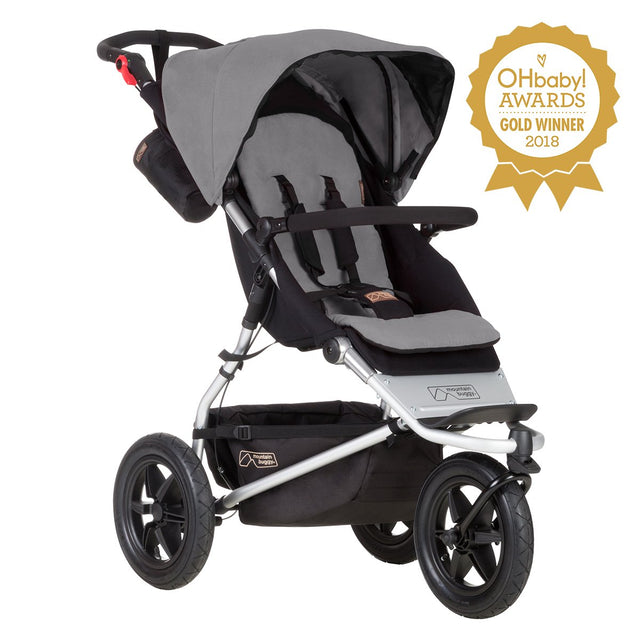 mountain buggy urban jungle all-terrain buggy OHbaby awards logo 3/4 view shown in color silver_silver