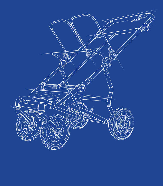 technical drawing blueprint showing a twin baby pram designed to carry 2 newborn babies or 2 younger children - side angle view - mountain buggy 
