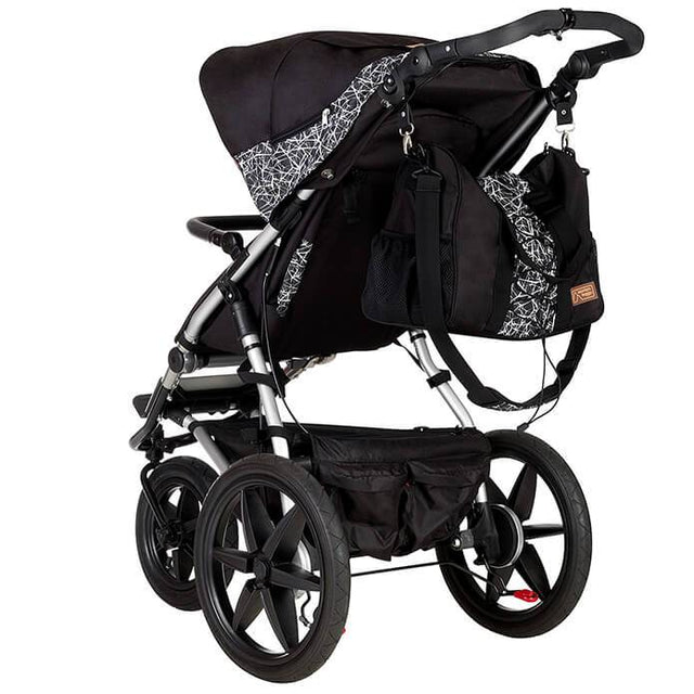 Mountain Buggy terrain stroller in black and white graphite colour with matching back and white graphite satchel_graphite