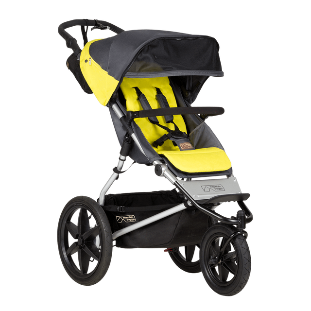 Mountain Buggy terrain stroller in yellow and black solus colour has an extendable sun visor_solus