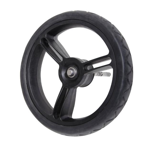Mountain Buggy side view of 10 inch replacement 10 inch wheel including hub wheel and axle in black_black