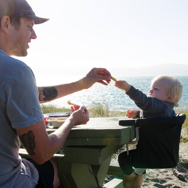 mountain buggy pod portable high chair attached to a picnic table outside enjoying a healthy snack_lime