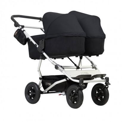 mountain buggy duet double buggy with two carrycot plus in lie flat mode 3/4 view shown in color black_black