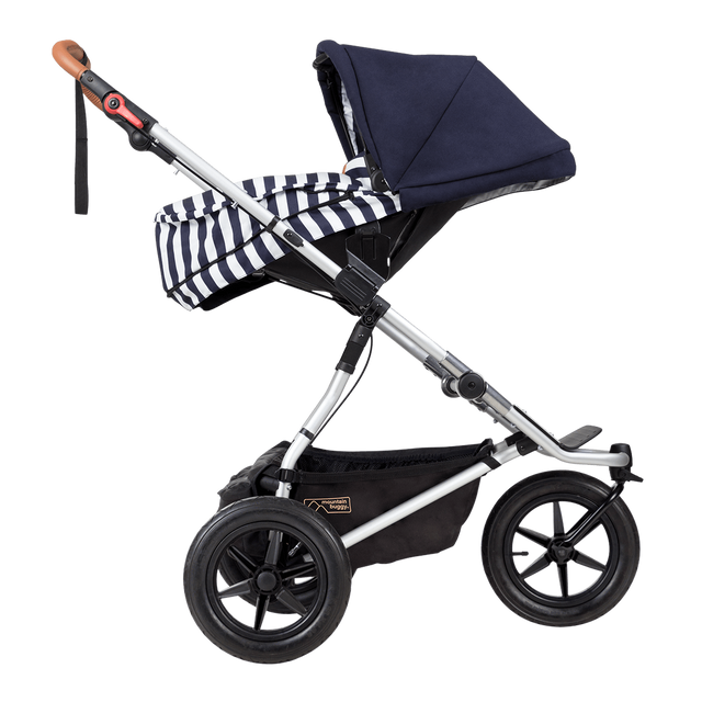 Mountain Buggy carrycot plus on urban jungle buggy in parent facing seat mode in colour nautical_nautical