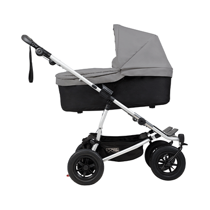 mountain buggy duet double buggy with two carrycot plus side view showing riding modes in color silver_silver