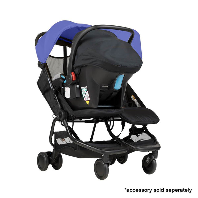 Mountain Buggy nano duo double lightweight buggy fitted with protect car seat in colour nautical blue_nautical blue