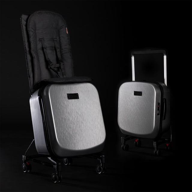 Mountain Buggy skyrider luxury image showing examples of ride on mode and carry on luggage mode_silver