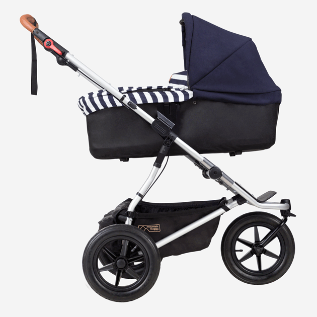 Mountain Buggy carrycot plus gif image showing all 3 riding modes in colour nautical_nautical