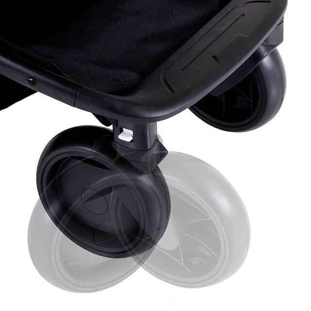 Mountain Buggy nano front wheels showing swivel function in colour black_black