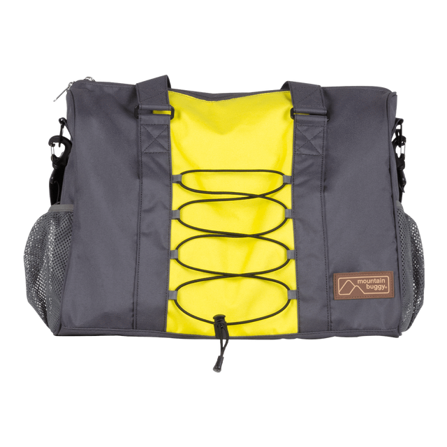 Mountain Buggy front view of parenting bag designed to match the terrain buggy in colour yellow and slate grey solus_solus