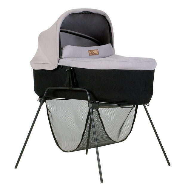 mountain buggy carrycot stand with carrycot plus for urban jungle terrain and plusone 3/4 view shown in color silver_black