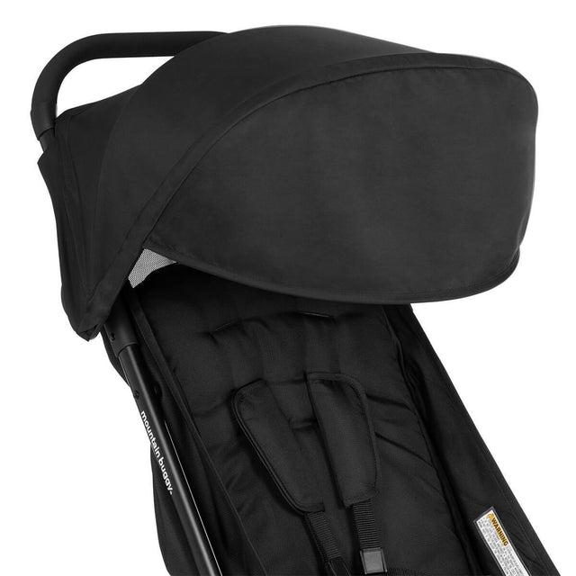 mountain buggy nano travel buggy in colour black showing close of of fabric hood_black