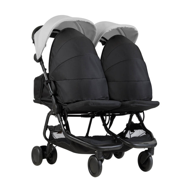 Mountain Buggy nano duo double lightweight buggy fitted with two newborn cocoons in colour silver_silver