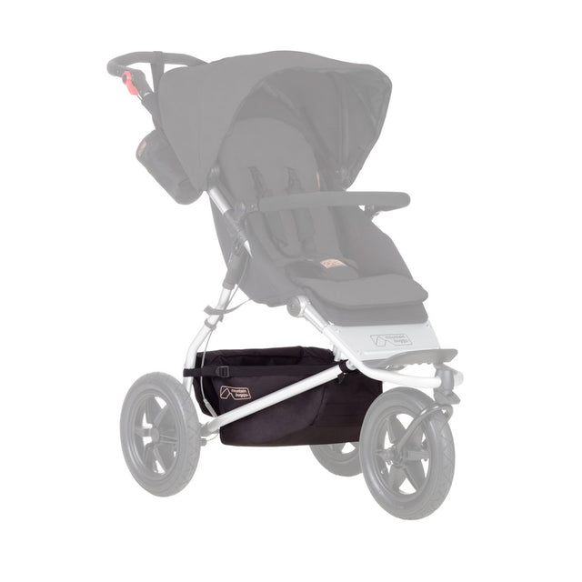 Mountain Buggy replacement parcel tray shown on buggy for urban jungle and terrain stroller in black_black