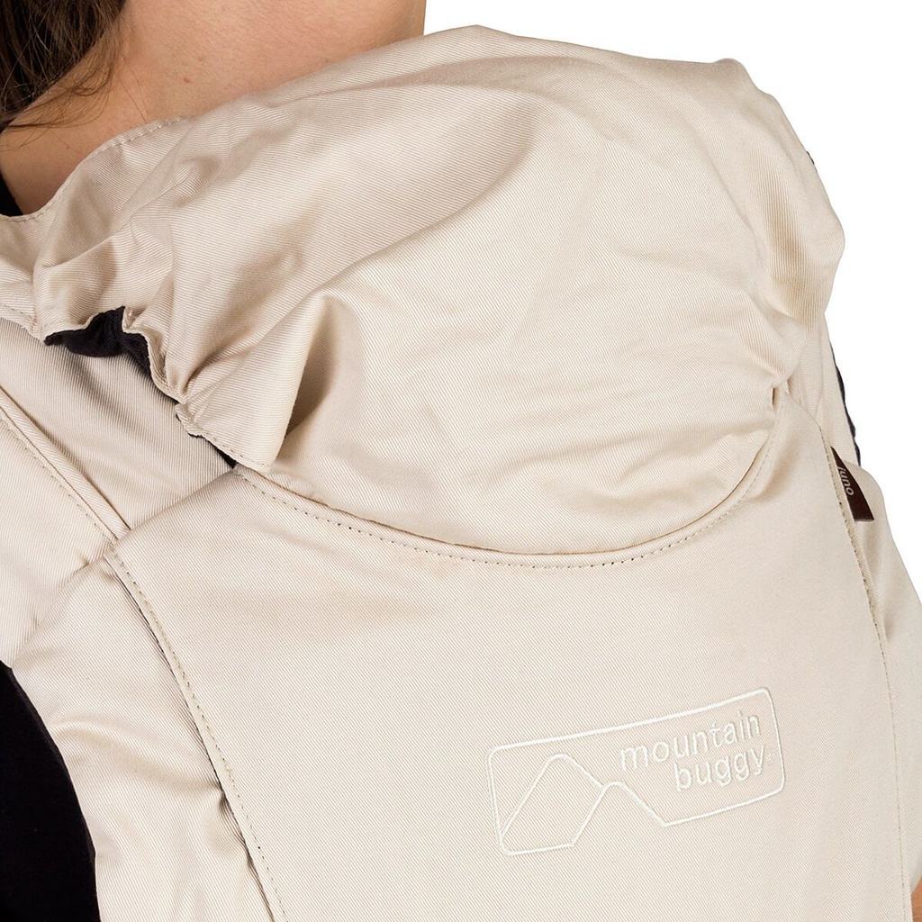 mountain buggy juno baby carrier in sand beige colour has a weather protective hood_sand