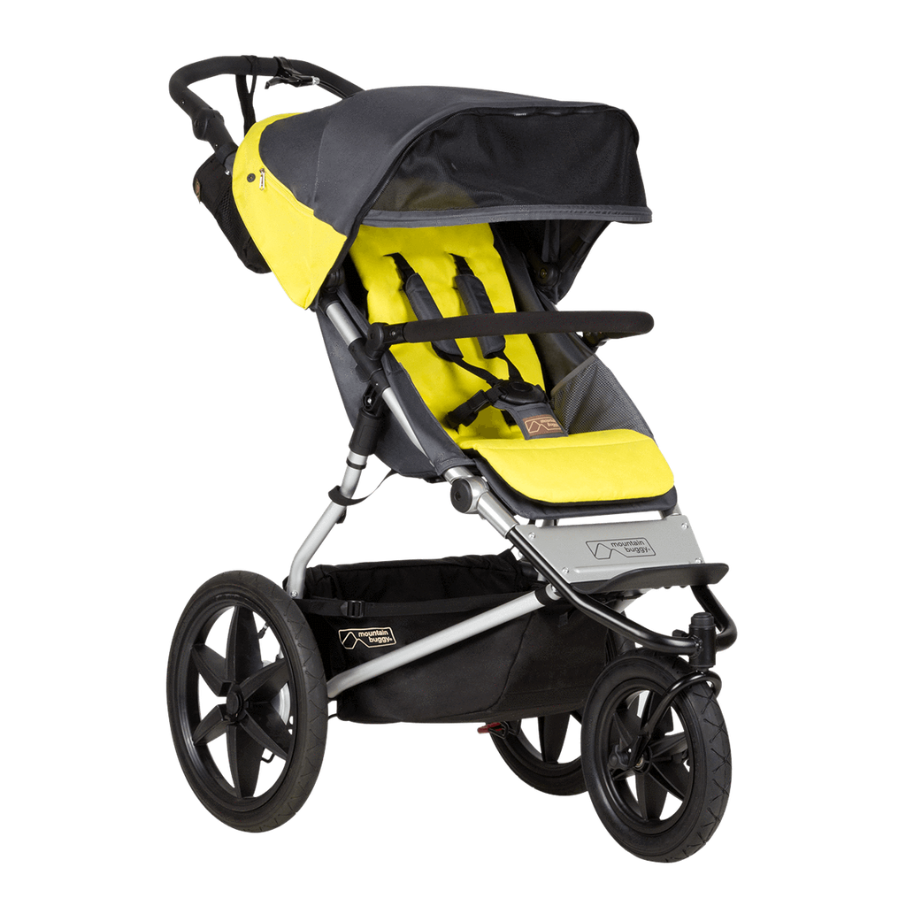 Mountain Buggy terrain stroller in yellow and black solus colour has an extendable sun visor_solus
