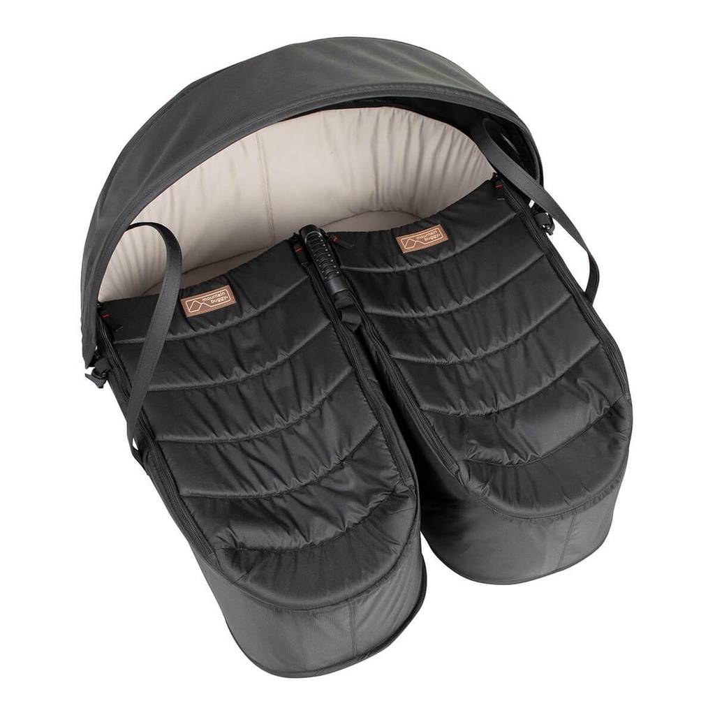 Mountain Buggy® cocoon for twins shown from above with the covers zipped up in place creating a warm comfy space for newborns
