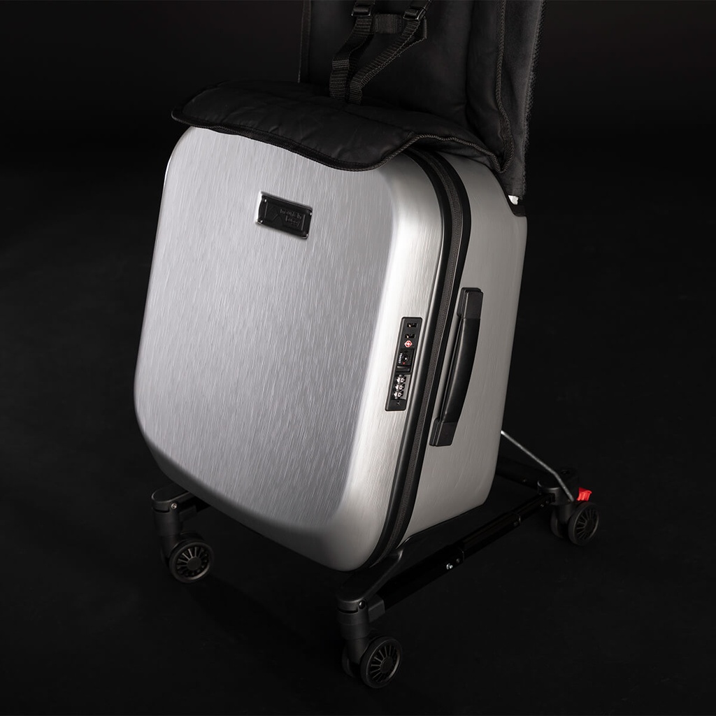 Mountain Buggy skyrider luxury close 3/4 angle showing toddle riding mode seat in place_silver