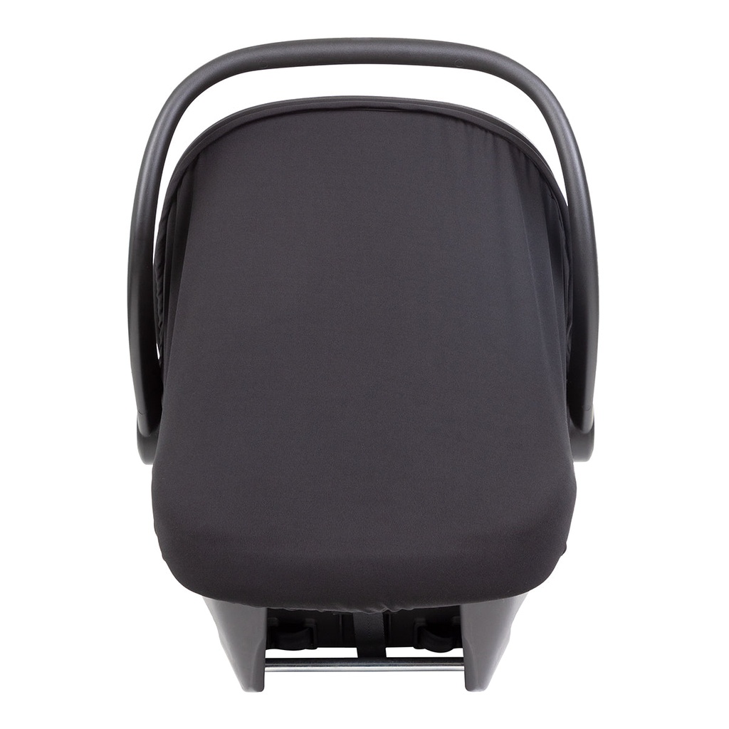 alpha infant car seat front view with the black out cover in place over the car seat and protecting the baby from sun, dust & bugs